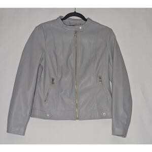 KELREBEC Womens grey feux leather jacket Large futuristic bikercore glam NWOT